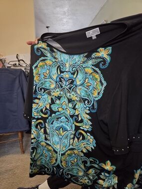 Mosaic Floral Scoop Neck Top - Black with Teal & Gold